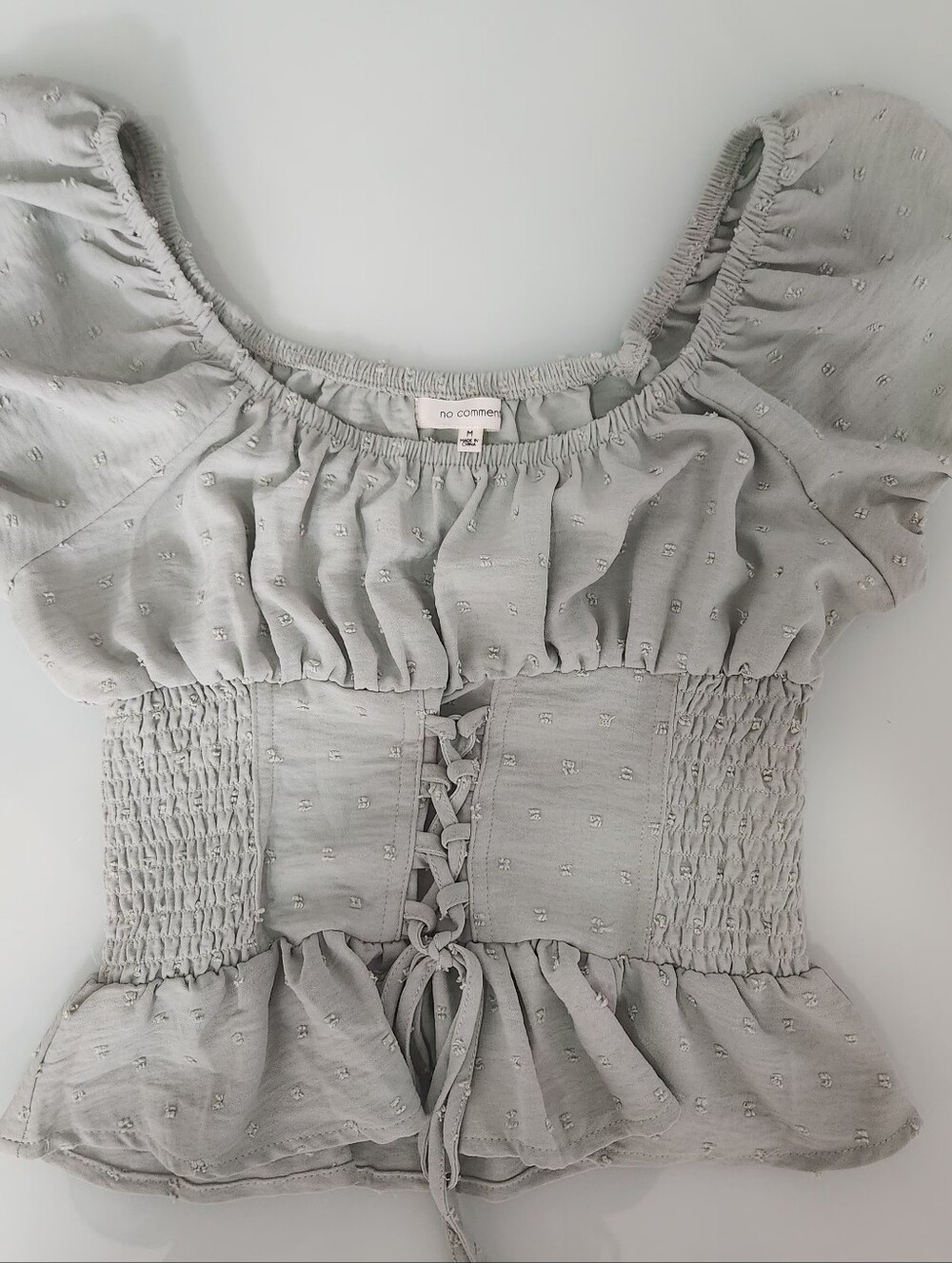 Light Green Smocked Puff-Sleeve Peplum Top